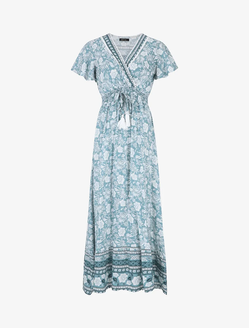Kleid mit Blumenmuster und Rüschenärmeln - Wassergrün