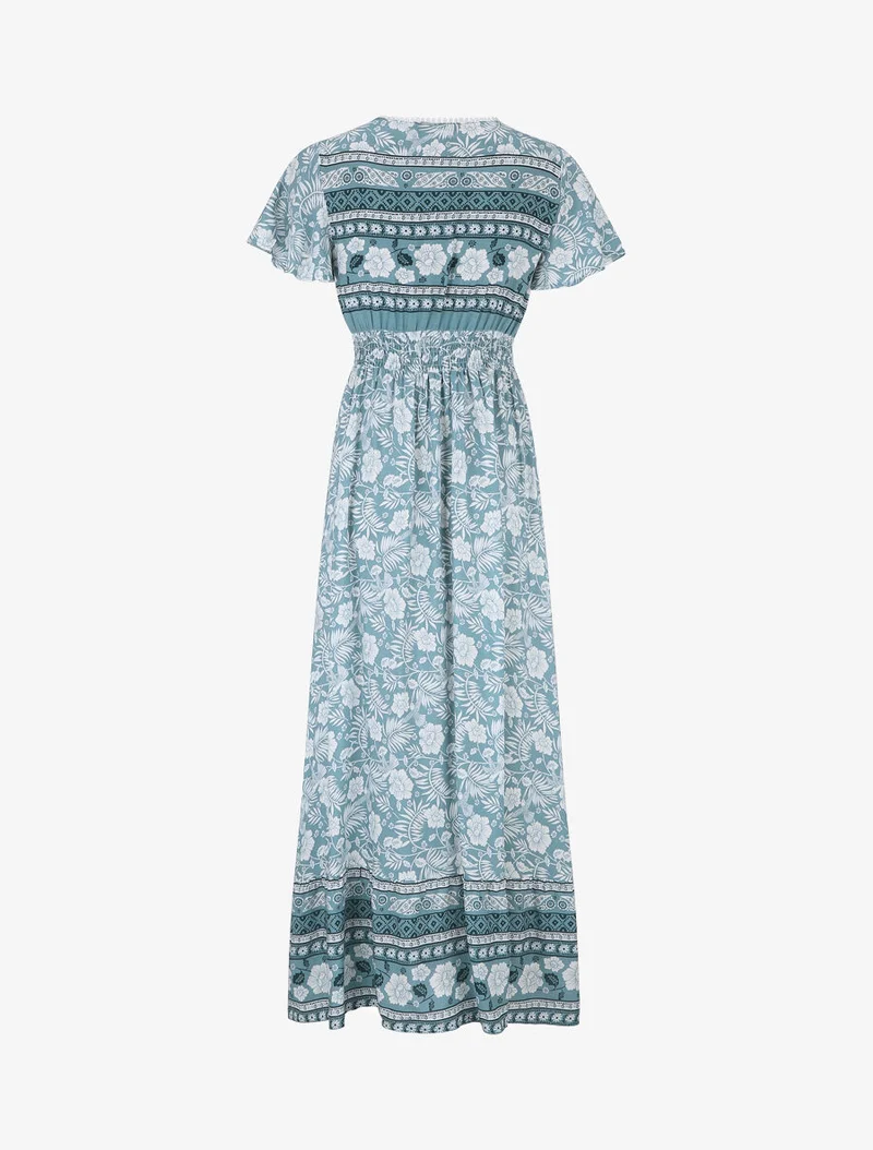 Kleid mit Blumenmuster und Rüschenärmeln - Wassergrün
