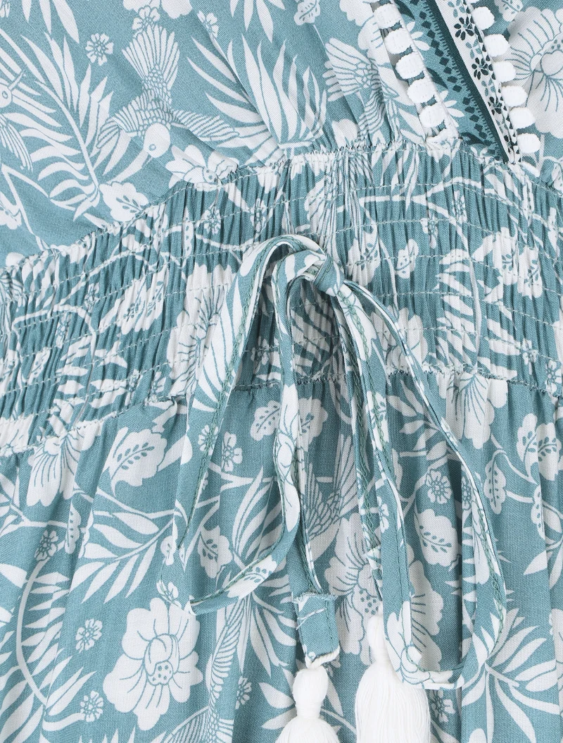Kleid mit Blumenmuster und Rüschenärmeln - Wassergrün