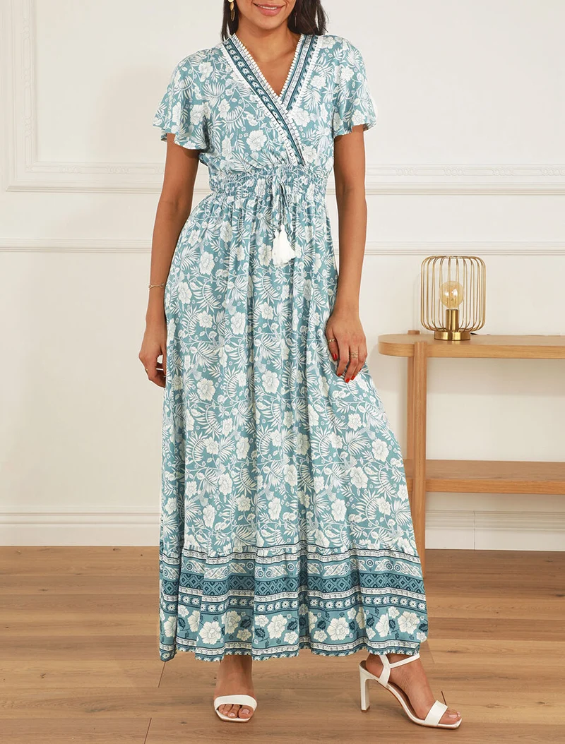 Kleid mit Blumenmuster und Rüschenärmeln - Wassergrün
