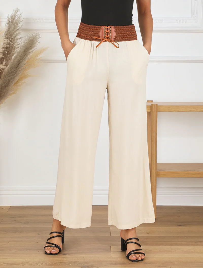 Einfarbige High-Waist-Hose im Korsett-Stil - Beige