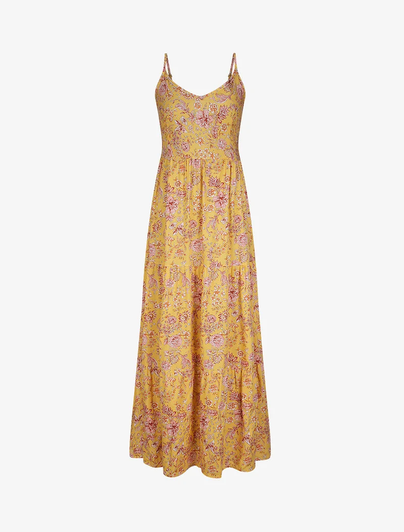 Langes Kleid mit Blumenmuster - Senf