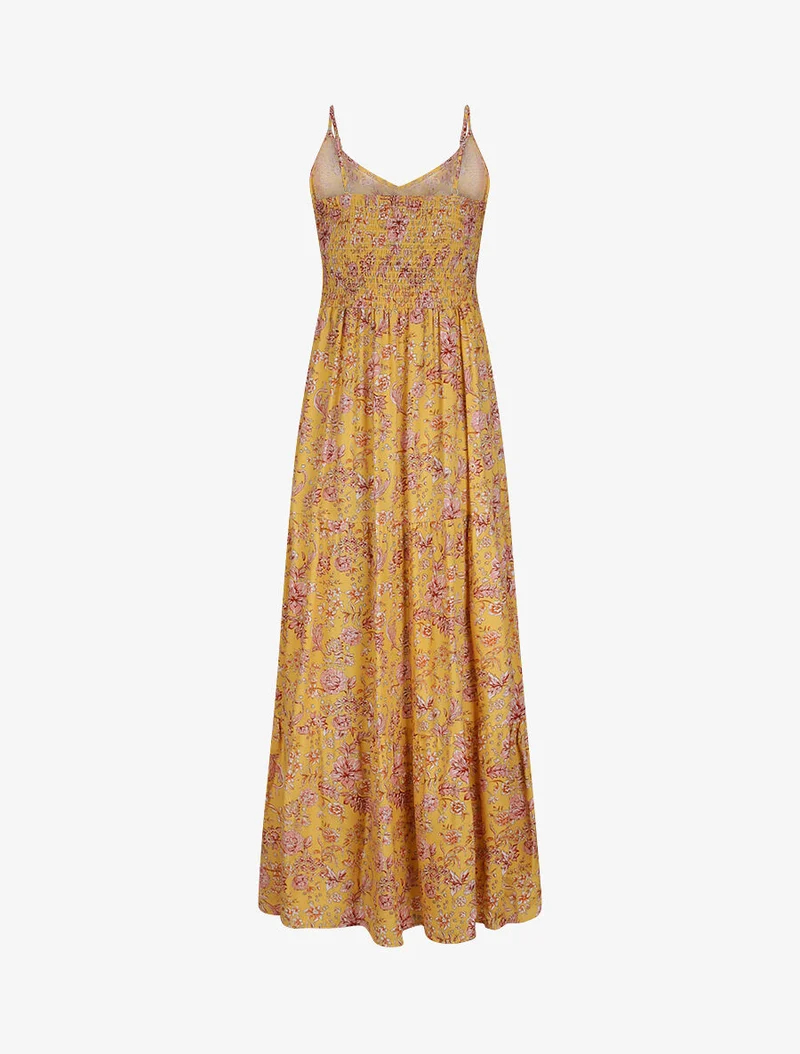 Langes Kleid mit Blumenmuster - Senf