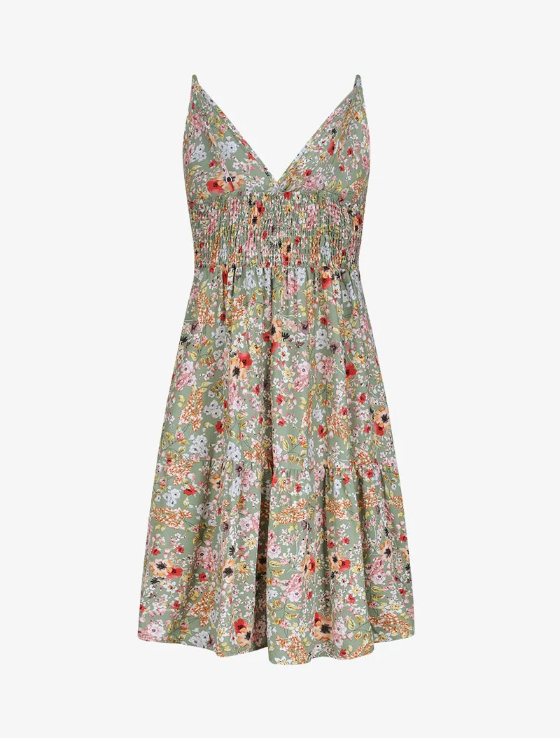 Midikleid im Skaterstil mit Frühlingsblumenmuster - Grün