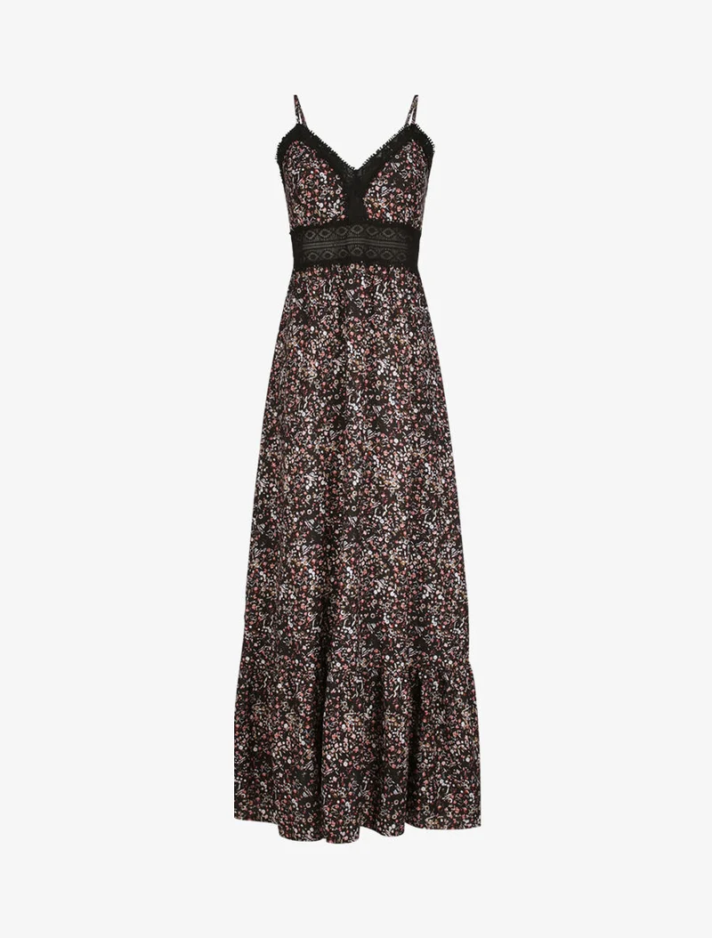 Langes Kleid mit kleinen Blumen bedruckt und V-Ausschnitt aus Spitze. - Schwarz