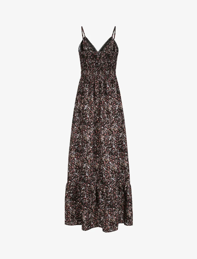 Langes Kleid mit kleinen Blumen bedruckt und V-Ausschnitt aus Spitze. - Schwarz