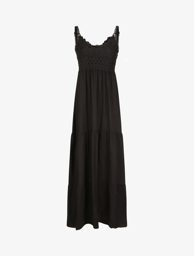 Langes Empirekleid mit V-Ausschnitt aus Spitze - Schwarz