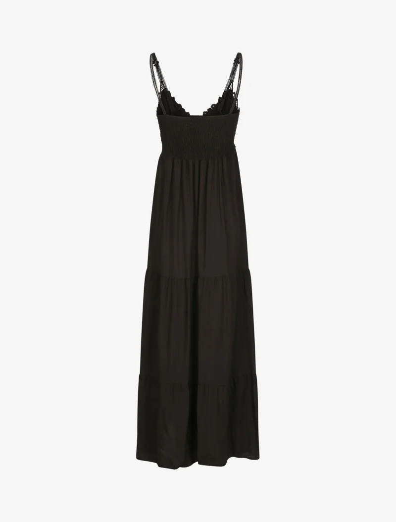 Langes Empirekleid mit V-Ausschnitt aus Spitze - Schwarz