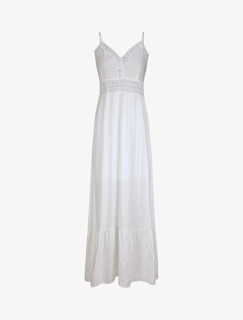 Langes Kleid mit V-Ausschnitt aus Spitze - Weiß
