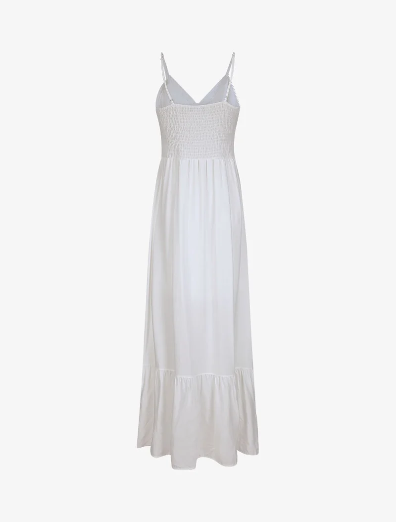 Langes Kleid mit V-Ausschnitt aus Spitze - Weiß
