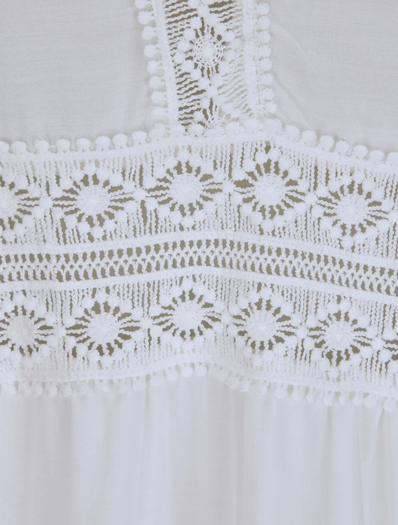 Langes Kleid mit V-Ausschnitt aus Spitze - Weiß