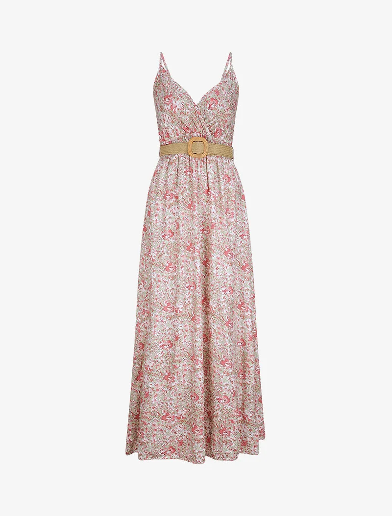 Langes Kleid mit Gänseblümchenmuster - Rosa/Mandelgrün