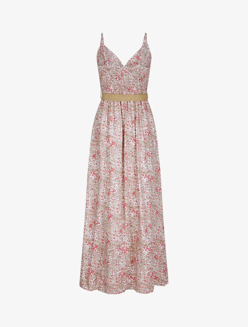 Langes Kleid mit Gänseblümchenmuster - Rosa/Mandelgrün