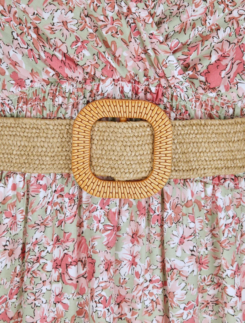 Langes Kleid mit Gänseblümchenmuster - Rosa/Mandelgrün