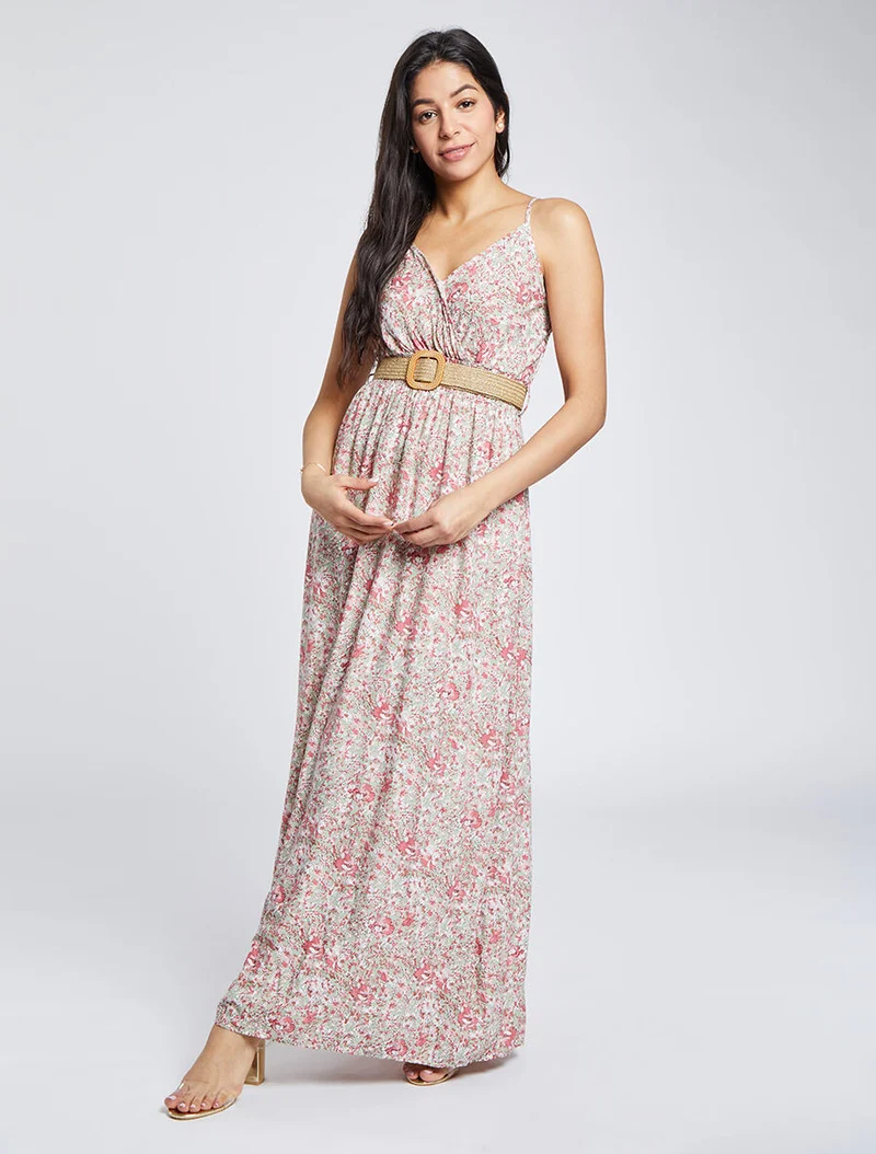 Langes Kleid mit Gänseblümchenmuster - Rosa/Mandelgrün