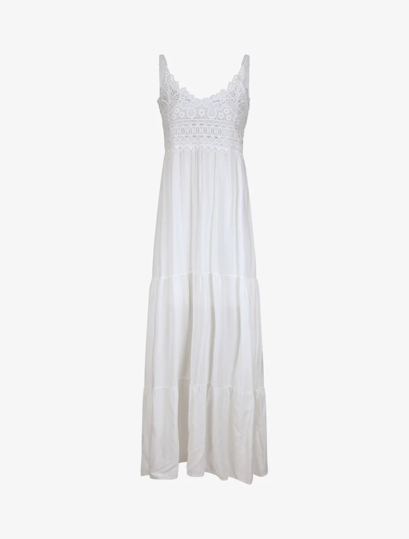 Langes Empirekleid mit V-Ausschnitt aus Spitze - Weiß