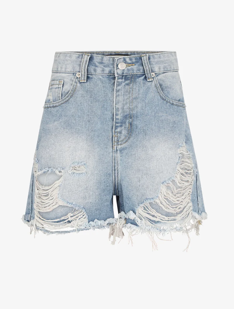 Mini-Shorts, gerade geschnitten, im Destroyed-Look - Hellblau