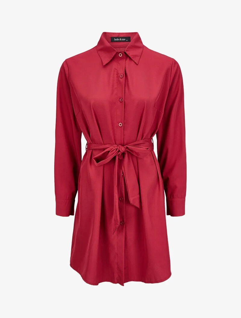 Weites Hemdkleid mit Gürtel - Bordeaux