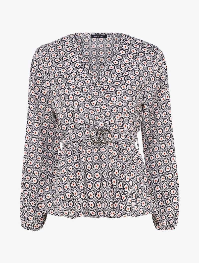 Top mit stilisiertem Gänseblümchen-Print und Wickelausschnitt - Schwarz/Beige