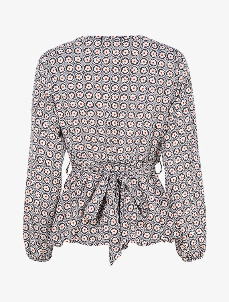 Top mit stilisiertem Gänseblümchen-Print und Wickelausschnitt - Schwarz/Beige