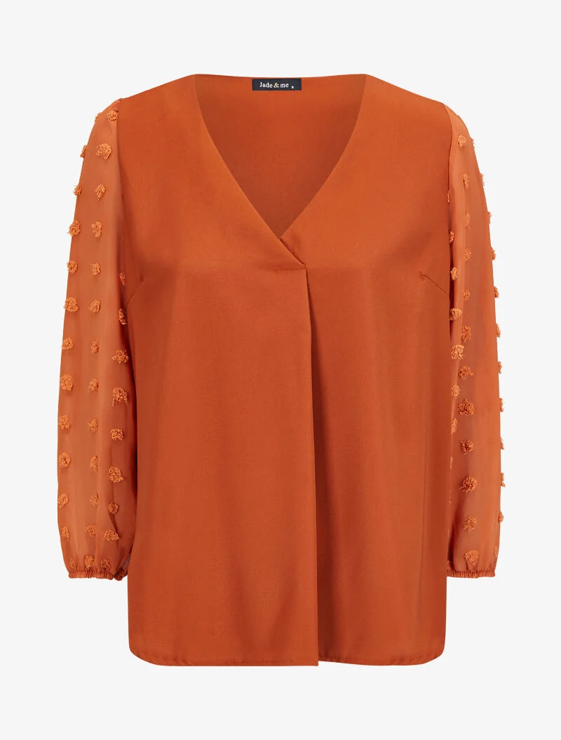 Bluse mit transparenten Ärmeln im Plumetis-Stil - Rost