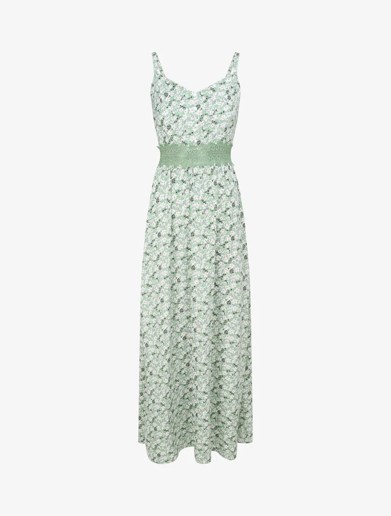 Langes Kleid mit kleinen Blumen und dekorativen Knöpfen bedruckt - Grün