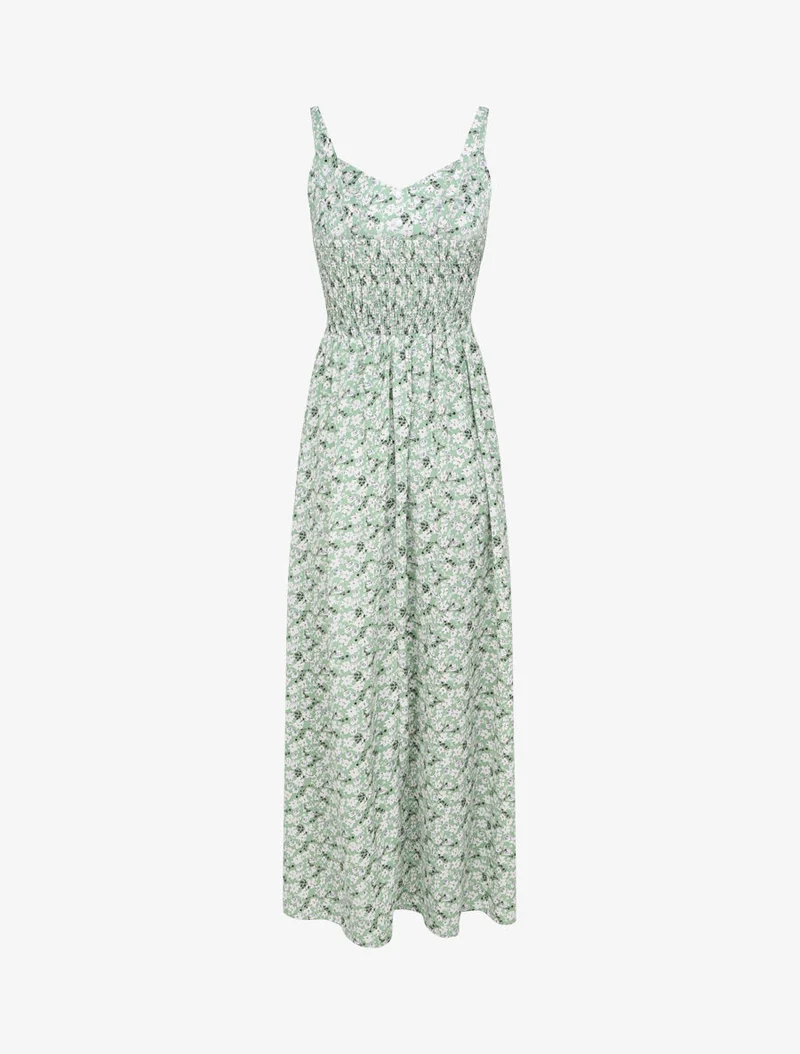Langes Kleid mit kleinen Blumen und dekorativen Knöpfen bedruckt - Grün