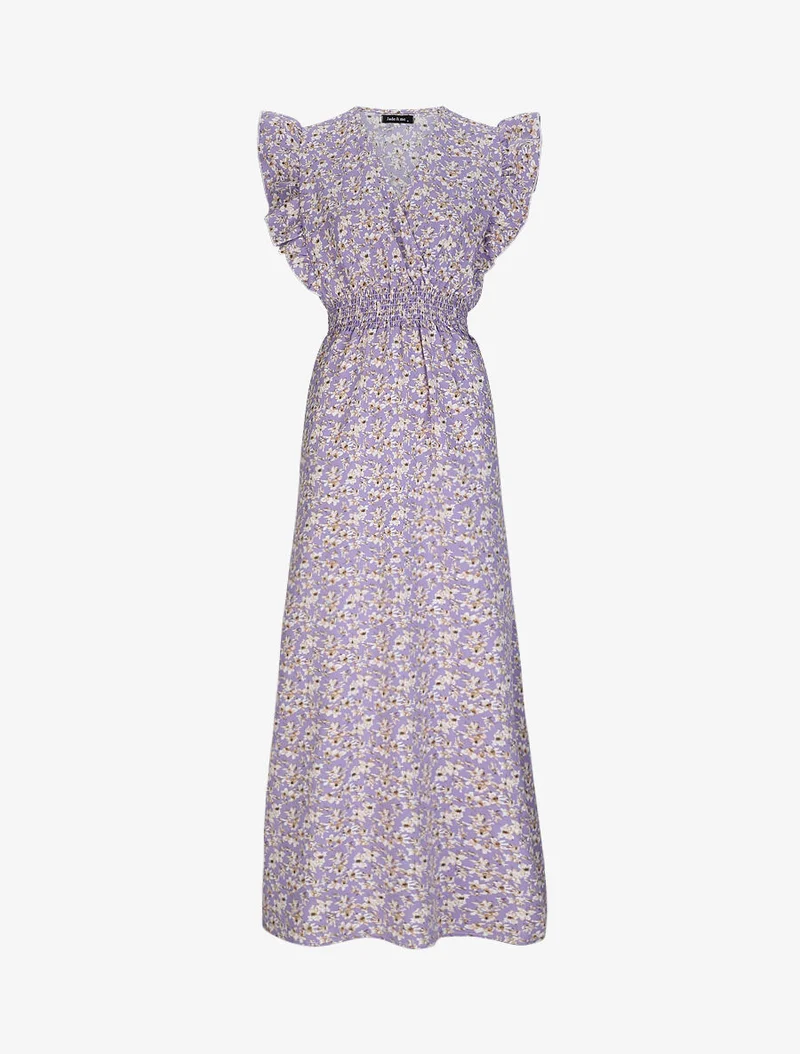 Langes Empire-Kleid mit Rüschenärmeln im Kirschblütenprint. - Flieder