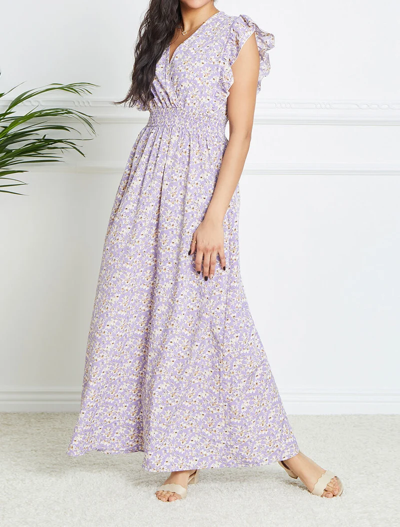 Langes Empire-Kleid mit Rüschenärmeln im Kirschblütenprint. - Flieder
