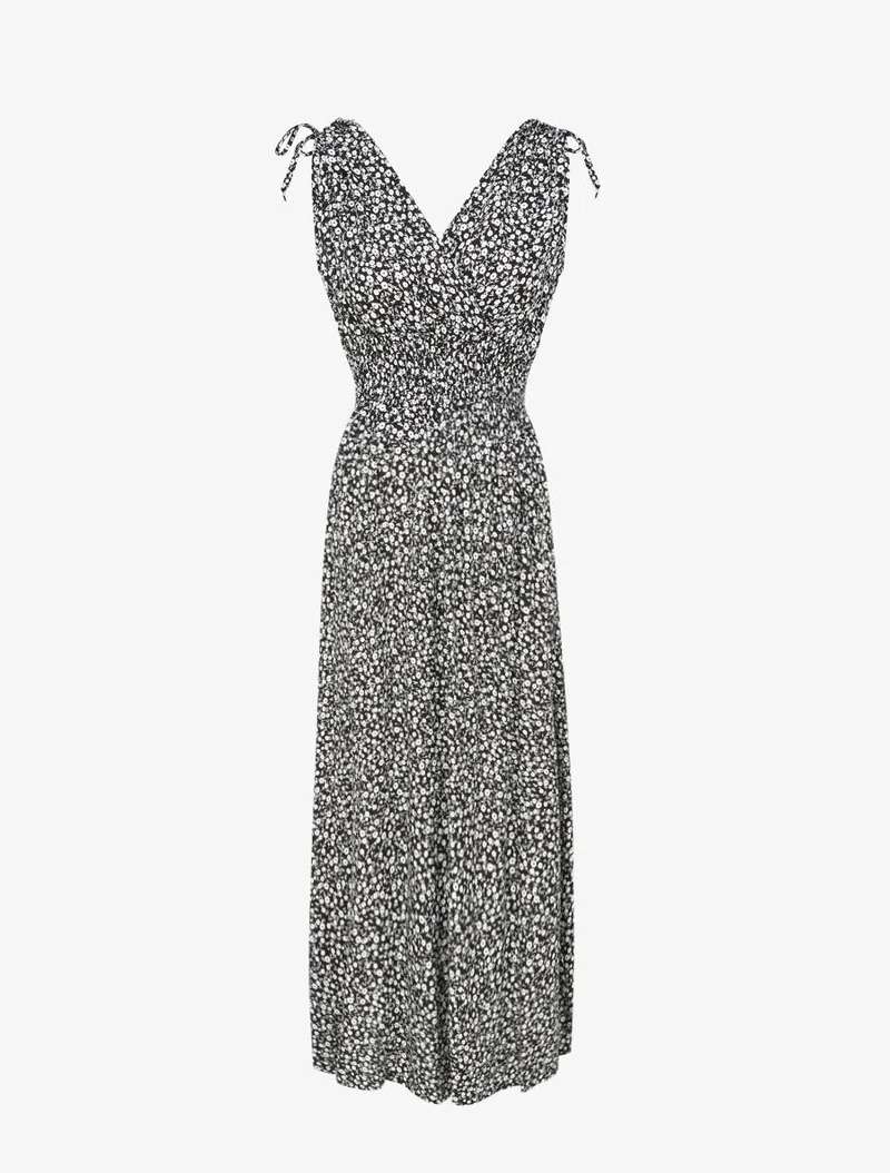 Langes Kleid mit kleiner Blumenmuster tailliert - Schwarz