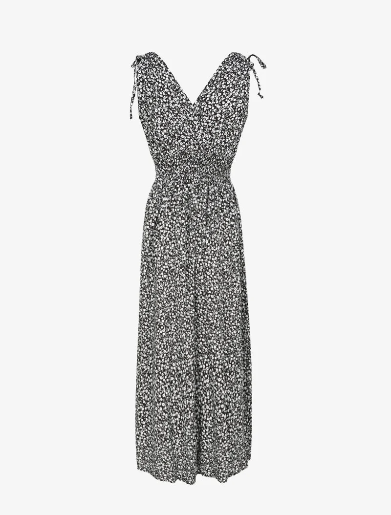 Langes Kleid mit kleiner Blumenmuster tailliert - Schwarz