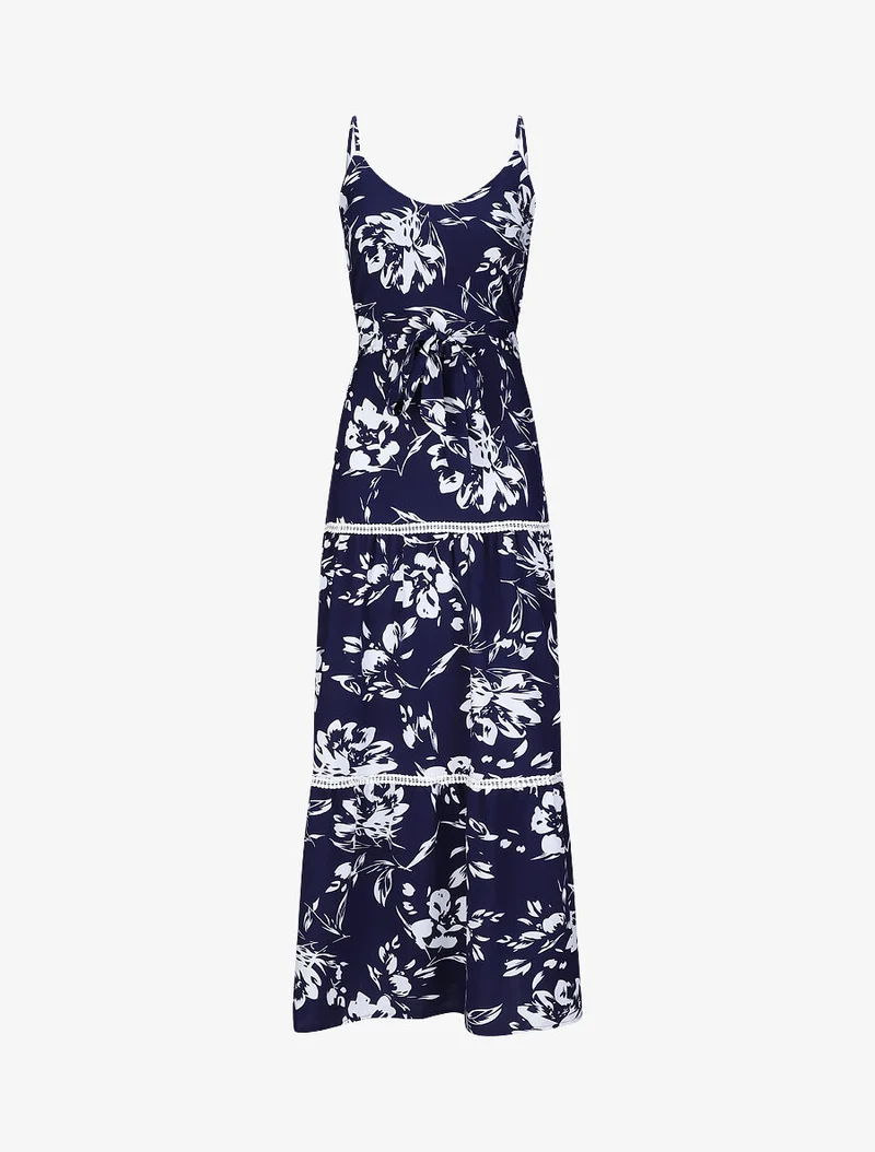 Langes Skaterkleid mit kontrastierendem Blumenmuster - Blau
