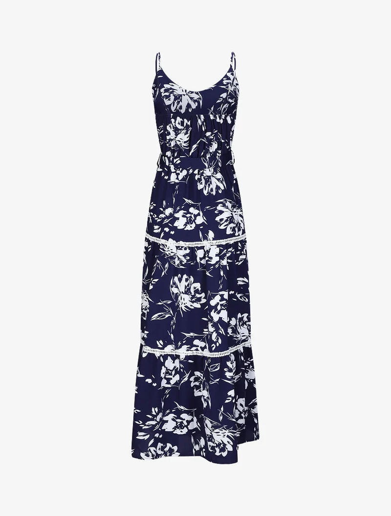 Langes Skaterkleid mit kontrastierendem Blumenmuster - Blau