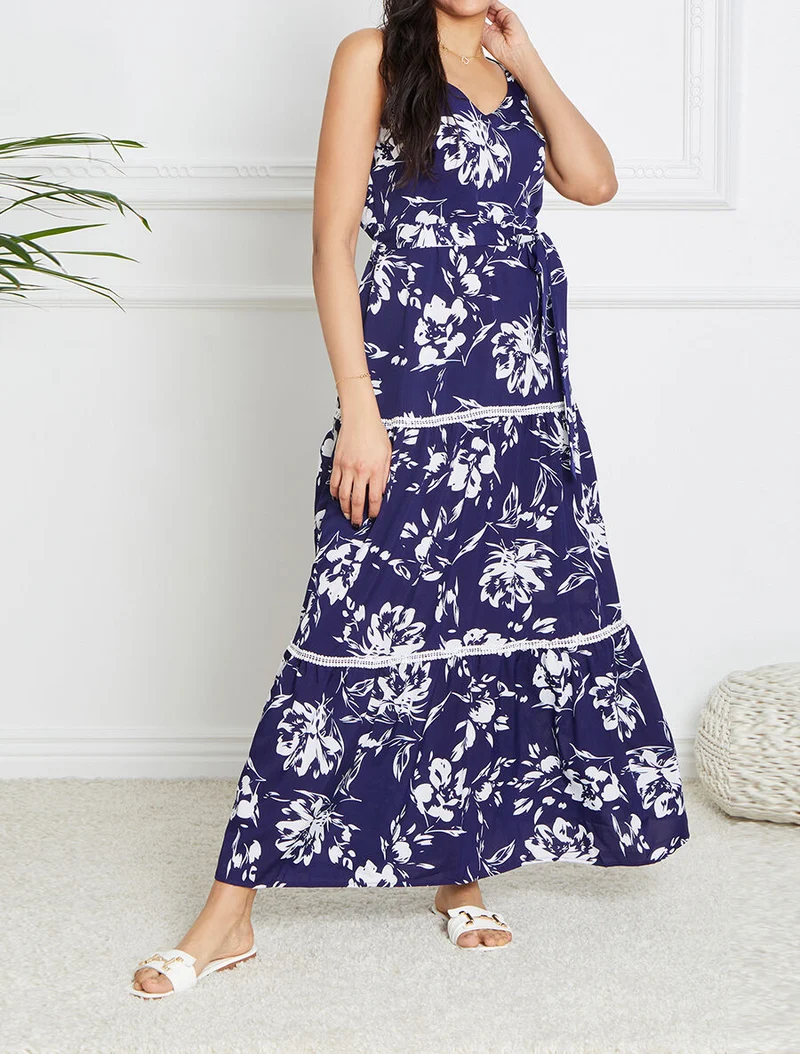 Langes Skaterkleid mit kontrastierendem Blumenmuster - Blau