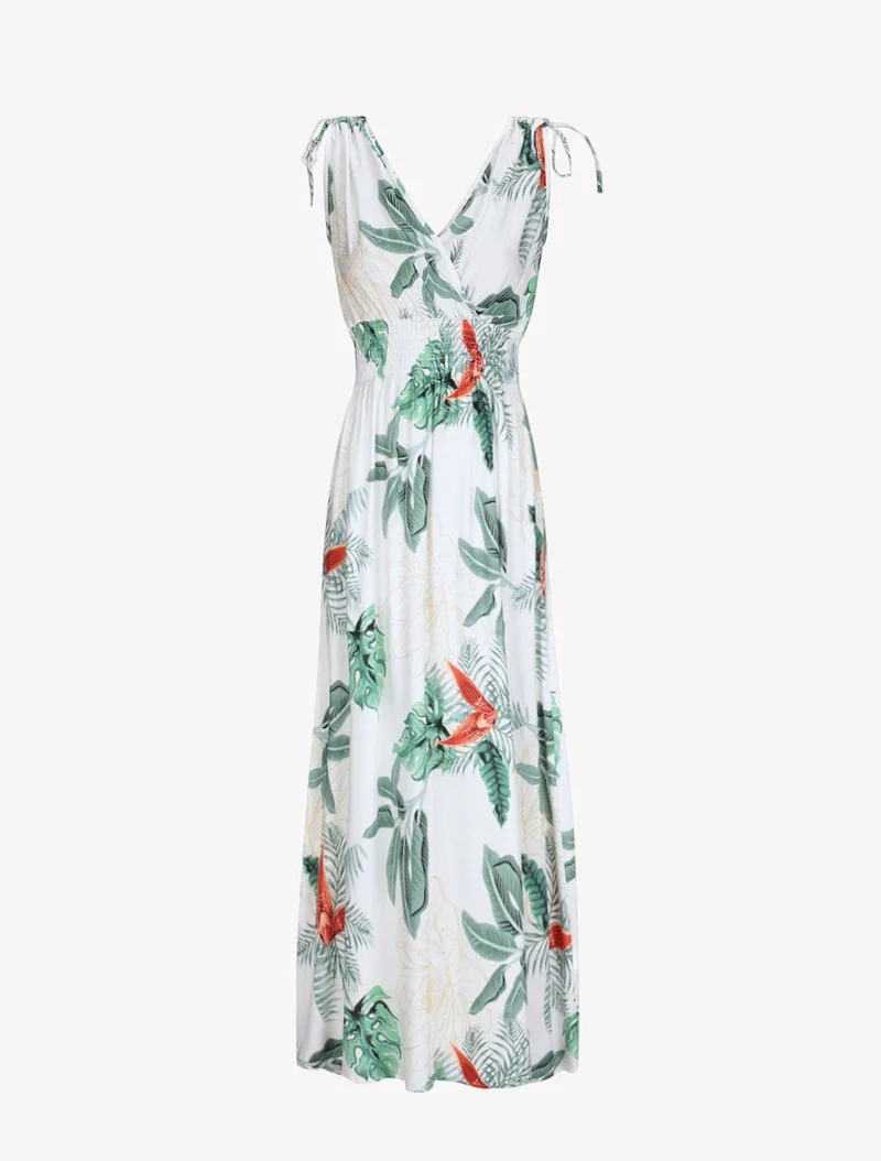 Langes tailliertes Kleid mit großem tropischem Blumenmuster - Weiß
