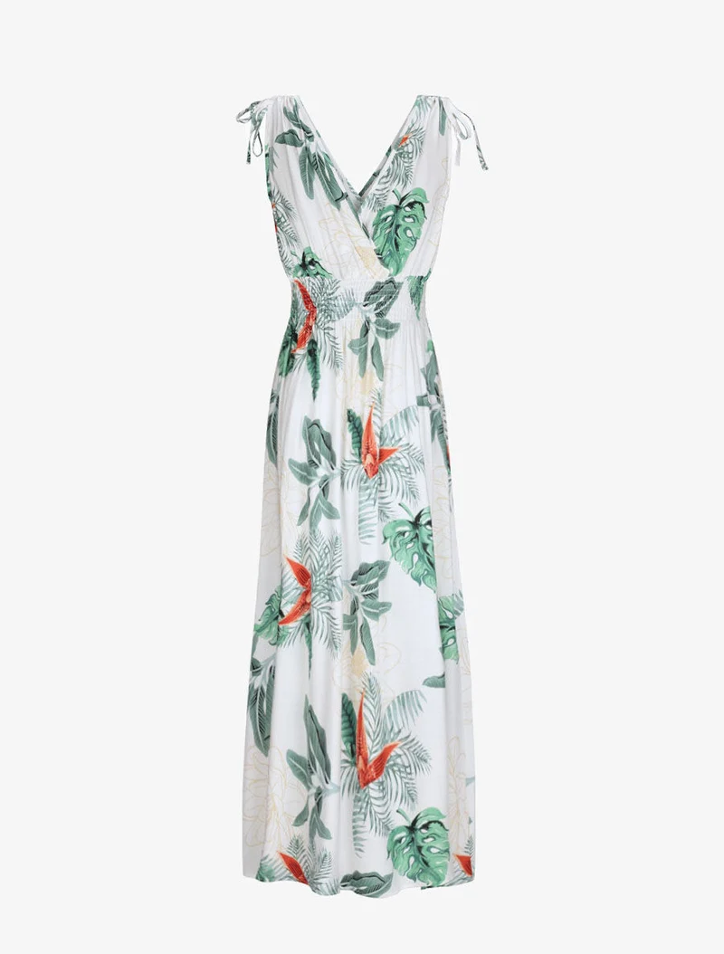 Langes tailliertes Kleid mit großem tropischem Blumenmuster - Weiß
