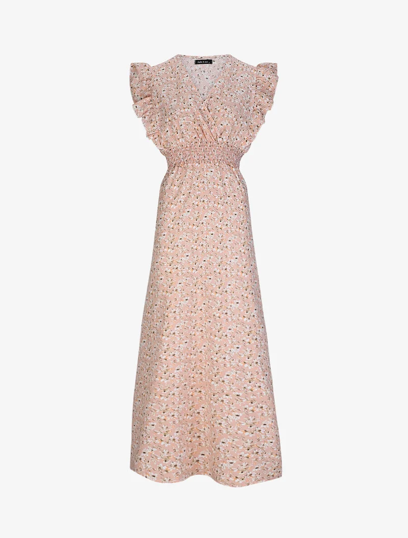 Langes Empire-Kleid mit Rüschenärmeln im Kirschblütenprint. - Rose