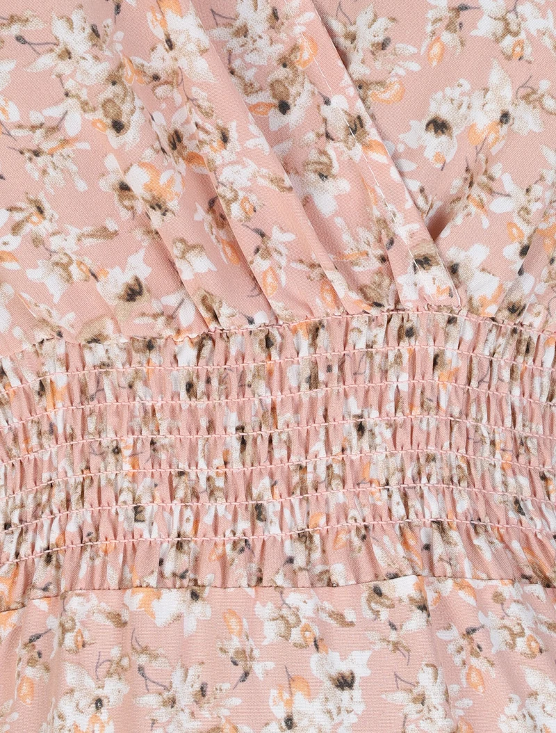 Langes Empire-Kleid mit Rüschenärmeln im Kirschblütenprint. - Rose