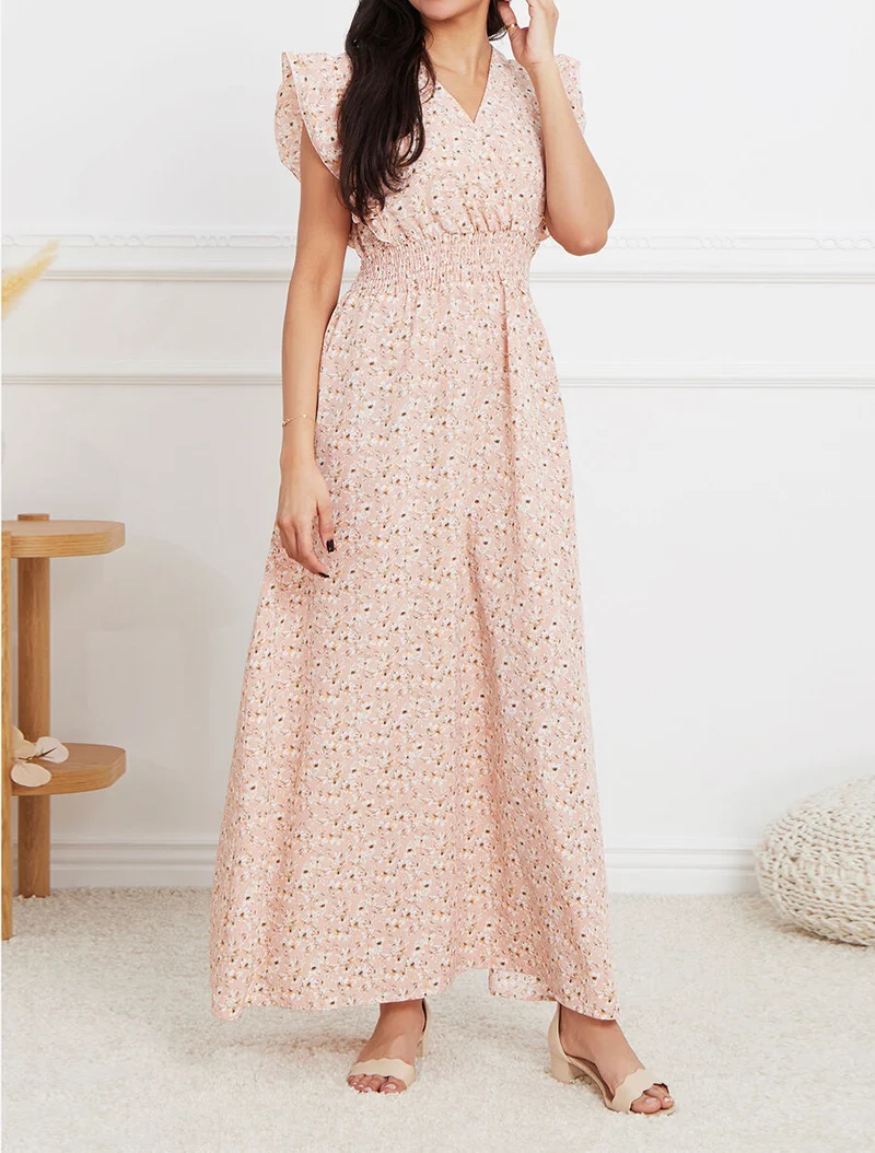 Langes Empire-Kleid mit Rüschenärmeln im Kirschblütenprint. - Rose