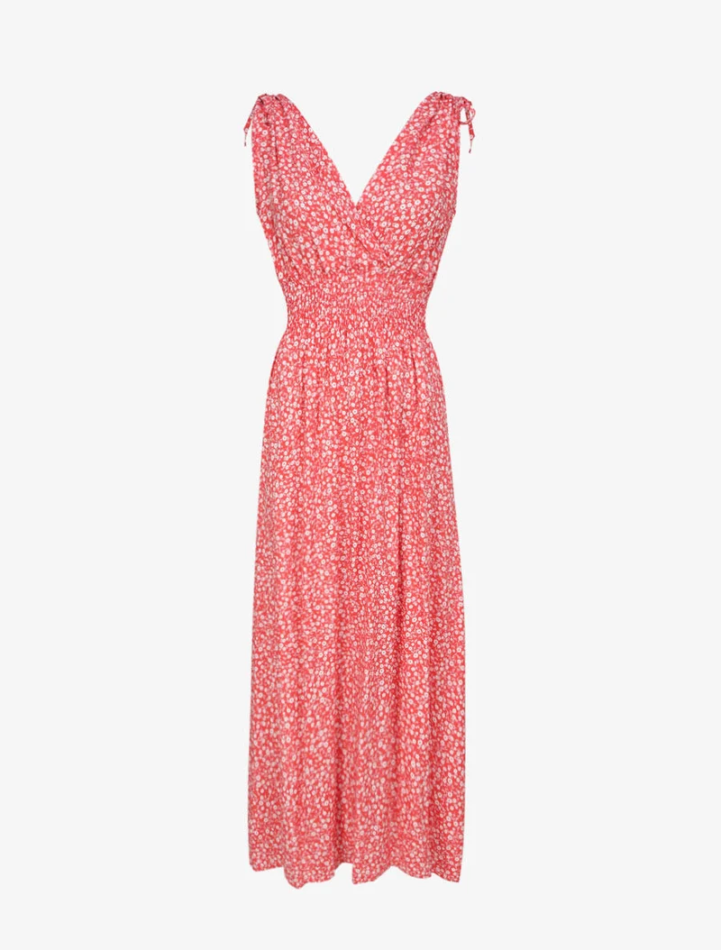 Langes Kleid mit kleiner Blumenmuster tailliert - Rot