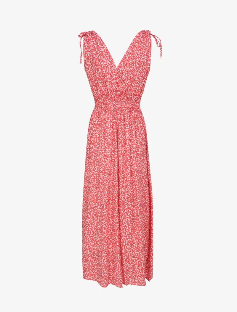 Langes Kleid mit kleiner Blumenmuster tailliert - Rot
