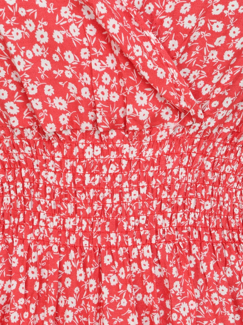 Langes Kleid mit kleiner Blumenmuster tailliert - Rot