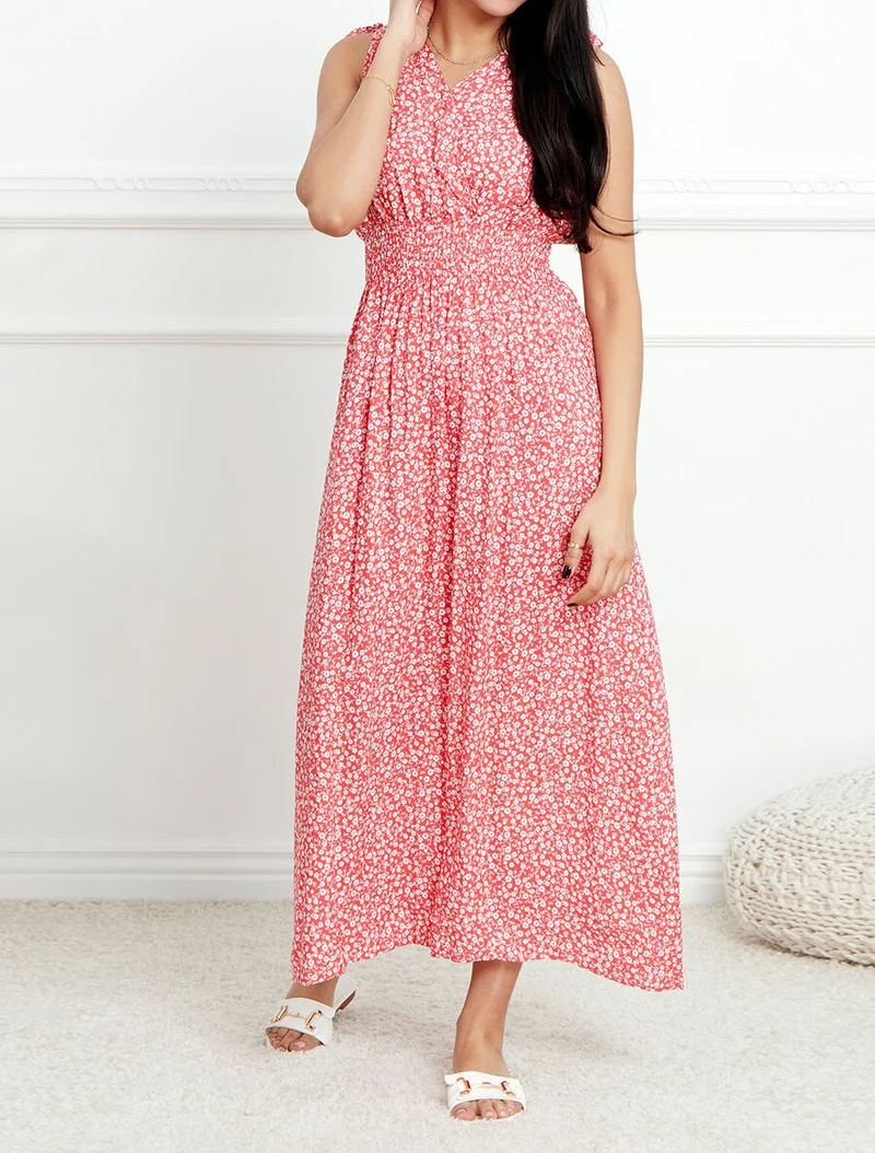 Langes Kleid mit kleiner Blumenmuster tailliert - Rot