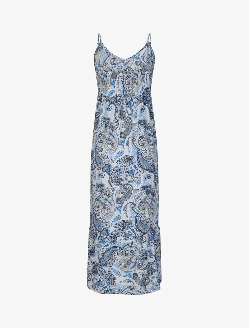 Langes Empire-Kleid mit Paisley-Print und Trägern - Blau