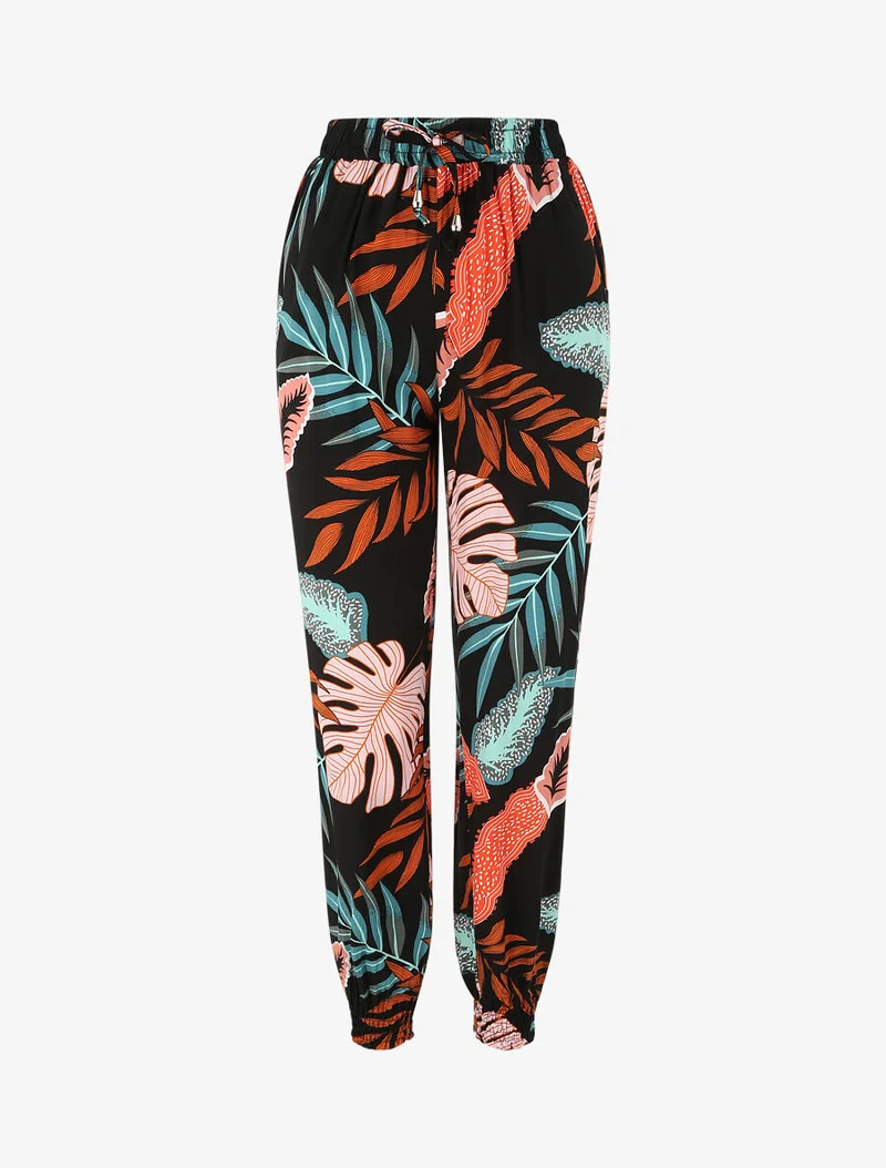 Fließende Hose mit Blätterdruck und elastischen Bündchen - Schwarz