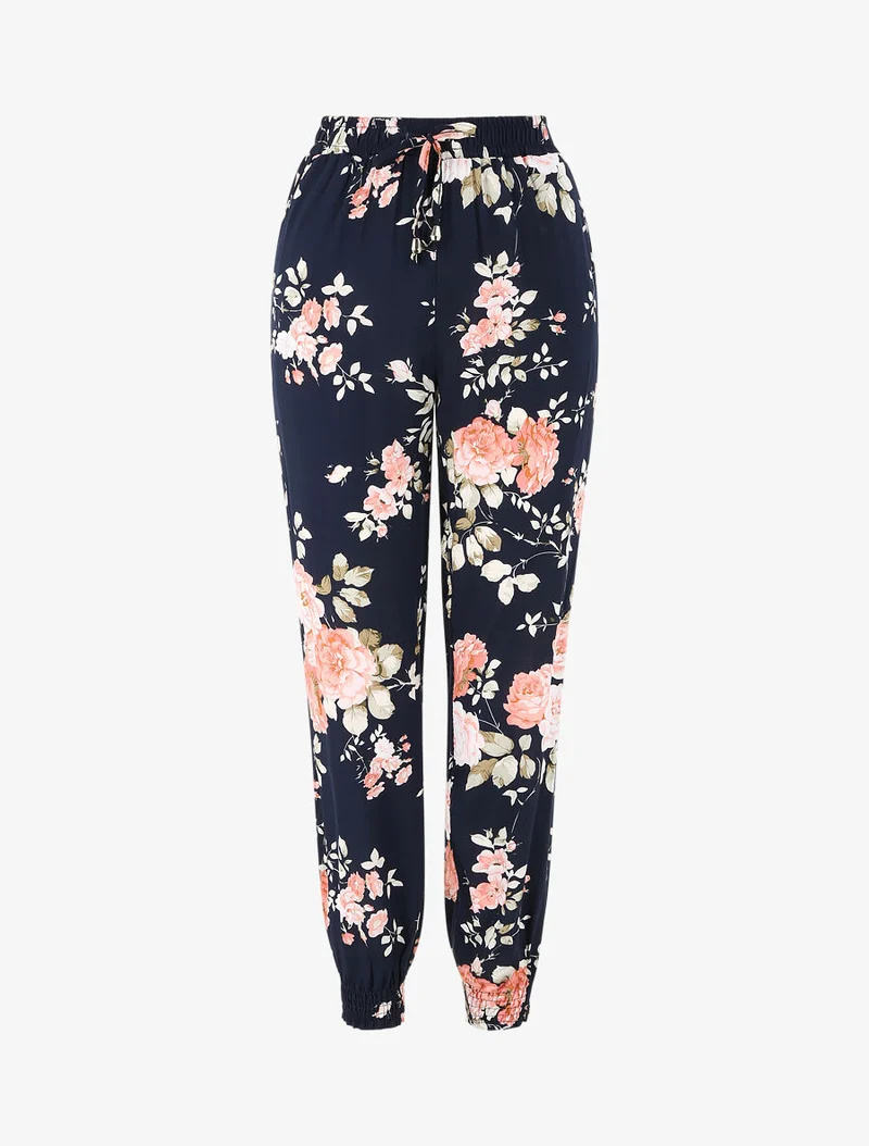 Fließende Hose mit Blumenmuster und elastischen Abschlüssen - Mitternachtsblau