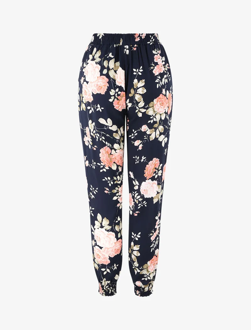 Fließende Hose mit Blumenmuster und elastischen Abschlüssen - Mitternachtsblau