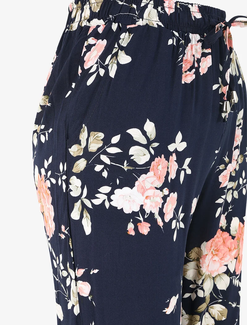 Fließende Hose mit Blumenmuster und elastischen Abschlüssen - Mitternachtsblau