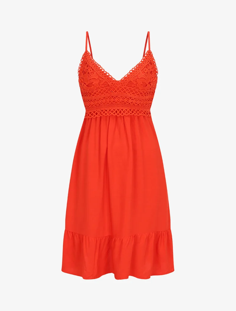 Kurzes Kleid mit Trägern und Spitze - Koralle