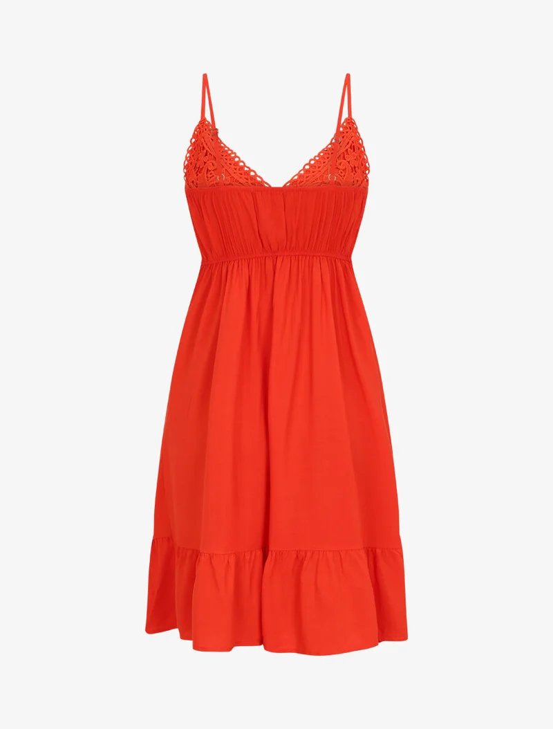 Kurzes Kleid mit Trägern und Spitze - Koralle
